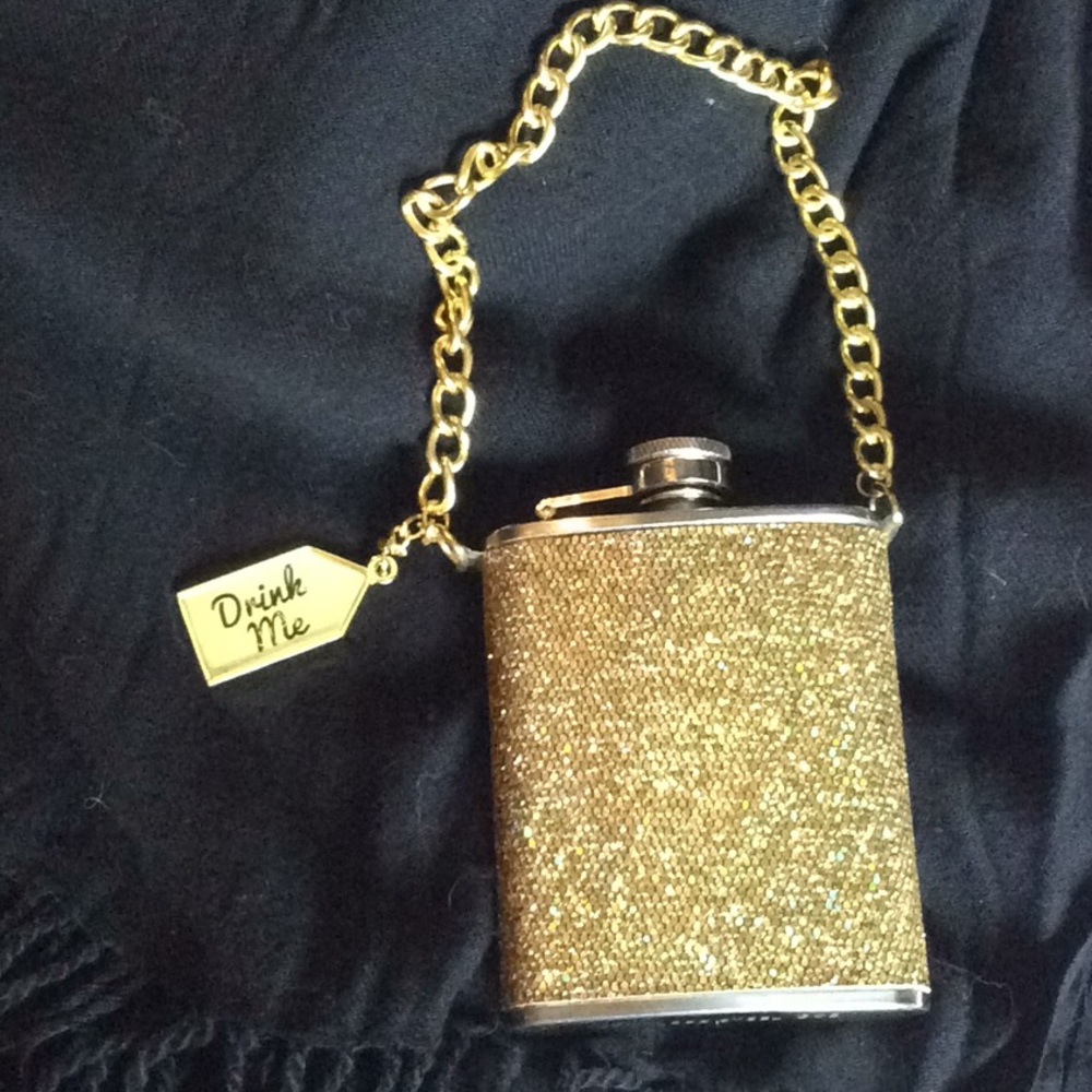 Stainless Steel Gold Glitter Flask w/Wrist Chain